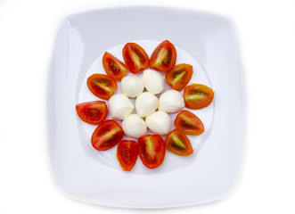 Plate with mozzarella and tomato seen from above
