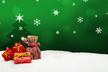 Christmas background - Christmas tree - gifts - green - Snow