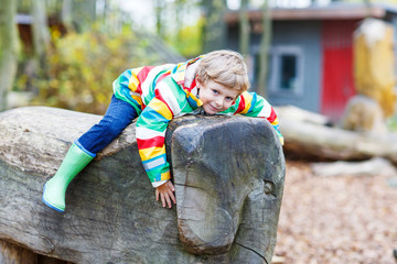 Little kid boy having fun on autumn playground