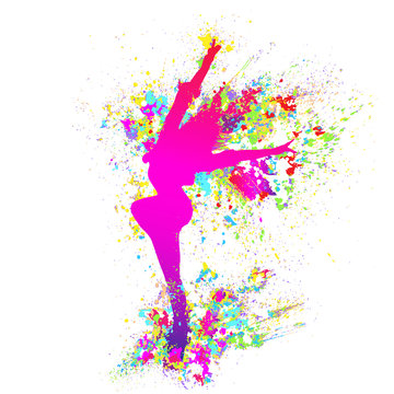 dancing colorful girl splash paint dance on white background.