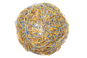 Ball of tangled wires isolated on white background