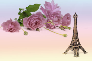 Fototapeta na wymiar pink background with roses and Eiffel tower
