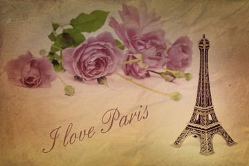 Fototapeta na wymiar vintage pink background with roses and Eiffel tower