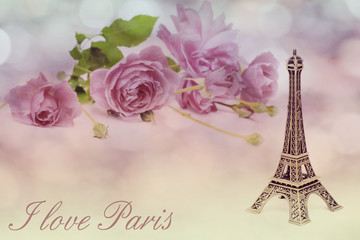 Fototapeta na wymiar vintage pink background with roses and Eiffel tower