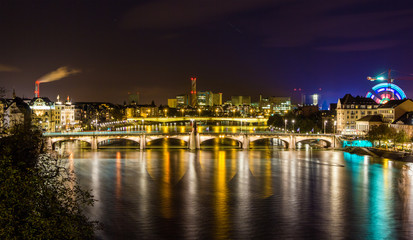 Night view of Rhine embankment in Basel - Switzerland