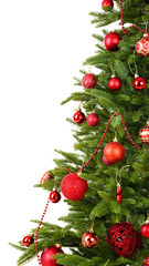 Fototapeta na wymiar Decorated Christmas tree close-up isolated on white