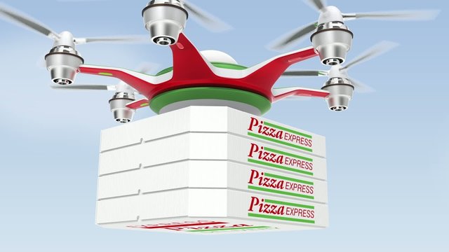 Air drone deliverying pizza  for fast food take out concept