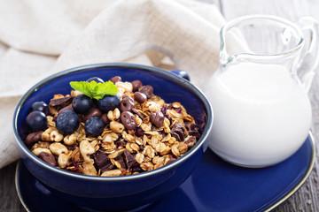 Chocolate breakfast granola in a bowl