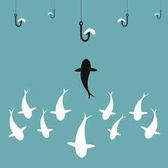 Obraz premium Vector image of fish and earthworm and hook. Different concept.