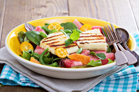 Salad with fresh watermelon and haloumi cheese