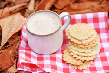 Cup of tasty hot drink and fresh cookies
