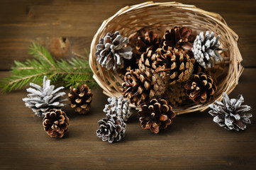 Christmas concept. Basket  with  cone