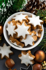Christmas cookies in the form of stars, top view, vertical