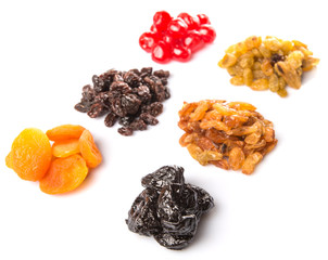 Mix dried fruit variety over white background