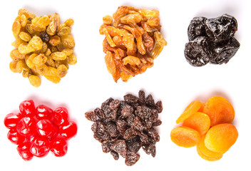Mix dried fruit variety over white background