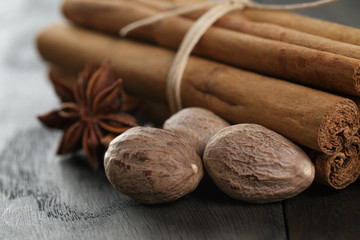 bunch of cinnamon sticks with nutmeg and anise star