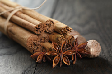 bunch of cinnamon sticks with nutmeg and anise star