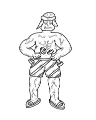 young man body building with two dumbbells