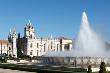 Empire Square fountain and Hieronymites Monastery in Lisbon