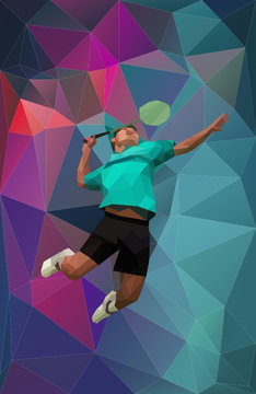 Vector badminton player on triangular background during smash