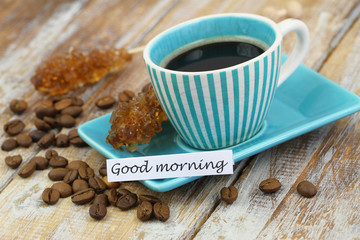 Good morning card with vintage cup of coffee on rustic wood