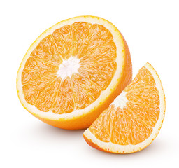 Half and slice orange citrus fruit isolated on white