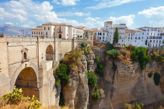 new bridge and houses on edge of an abyss in city Rhonda, Spain