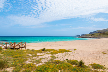 Fototapeta premium Sand beach turquoise sea bay view, Cala Mesquida, Majorca island