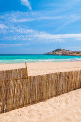 Fototapeta premium Wind fence on idyllic sand beach of Cala Agulla, Majorca, Spain