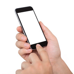 Isolated male hands holding the phone with white screen