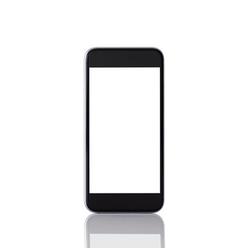 Isolated black phone with a white screen and reflection
