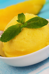 Mango sorbet garnished with mint leaf