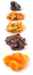 Mix dried fruit variety over white background