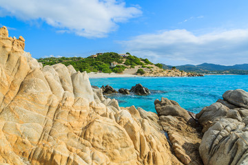 Fototapeta na wymiar Rocks on Porto Giunco beach and turquoise sea water, Sardinia