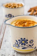 Boza or Bosa, traditional Turkish drink on White Wooden Background	