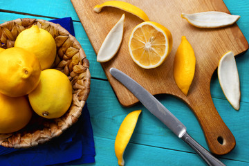 Lemons on the bright cyan background