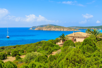 Fototapeta na wymiar Beautiful bay with sandy Teulada lagoon beach, Sardinia island