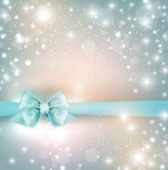 Elegant Christmas background with snowflakes and blue bow. Vecto