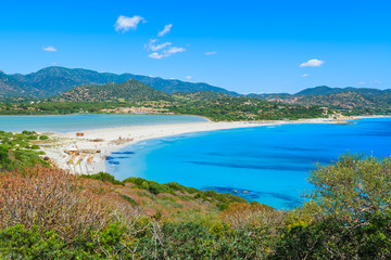 Fototapeta na wymiar View of Villasimius lagoon beach and blue sea, Sardinia island