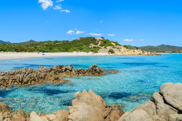 Rocks and azure sea water of Porto Giunco beach, Sardinia island