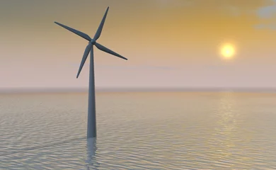 Foto auf Leinwand Windmolen bij ondergaande zon boven zee © emieldelange