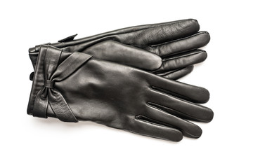 Woman Black Leather Gloves Isolated