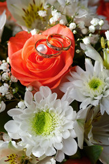 Wedding gold ring, decorations for a wedding celebration.
