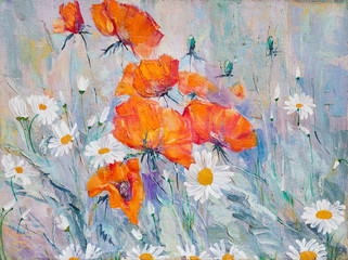 oil painting, flowers, poppies - 73245215