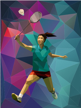 Low poly triangle girl badminton player