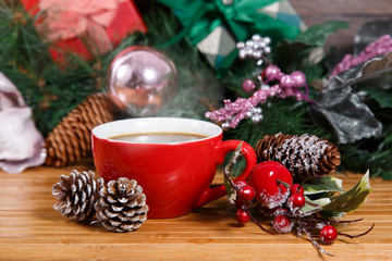 New Year composition with  cup,coffee and decorations