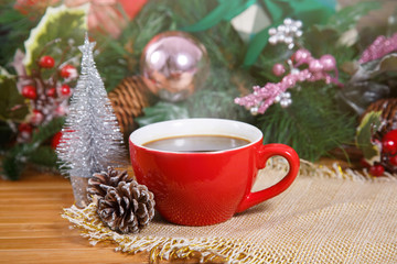 New Year composition with  cup,coffee and decorations