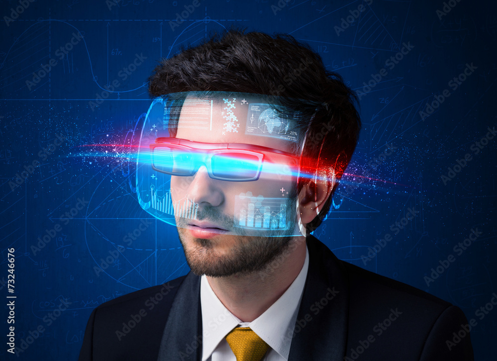 Poster man with future high tech smart glasses