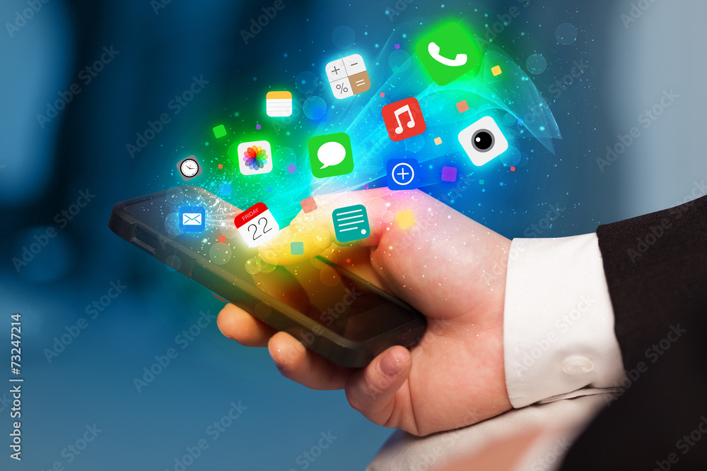 Poster hand holding smartphone with colorful app icons