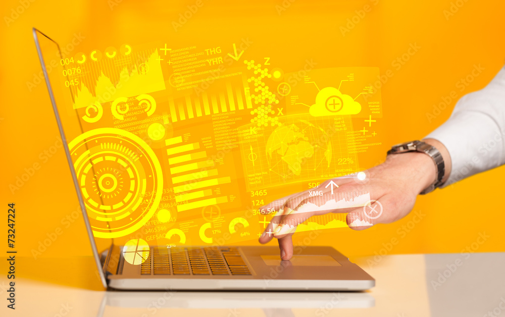 Poster Modern notebook computer with future technology symbols